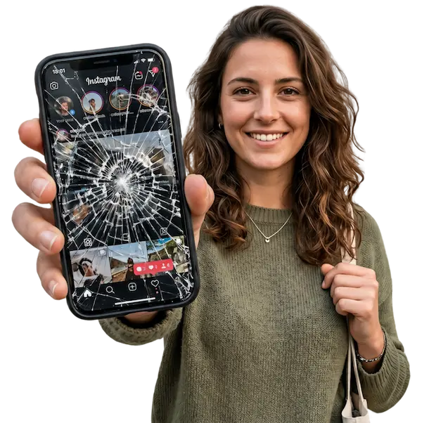 Customer holding a cracked iPhone screen ready for repair